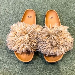 UGG Australia CINDI YARN FRINGE Size 9 CORK SOLE SLIDE SANDALS BEIGE